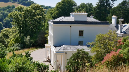 Side view of a white manor house with columns surrounded by green trees and shrubs.